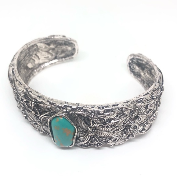 Tibetan Silver Wide Cuff Bracelet with Turquoise - Picture 3 of 11